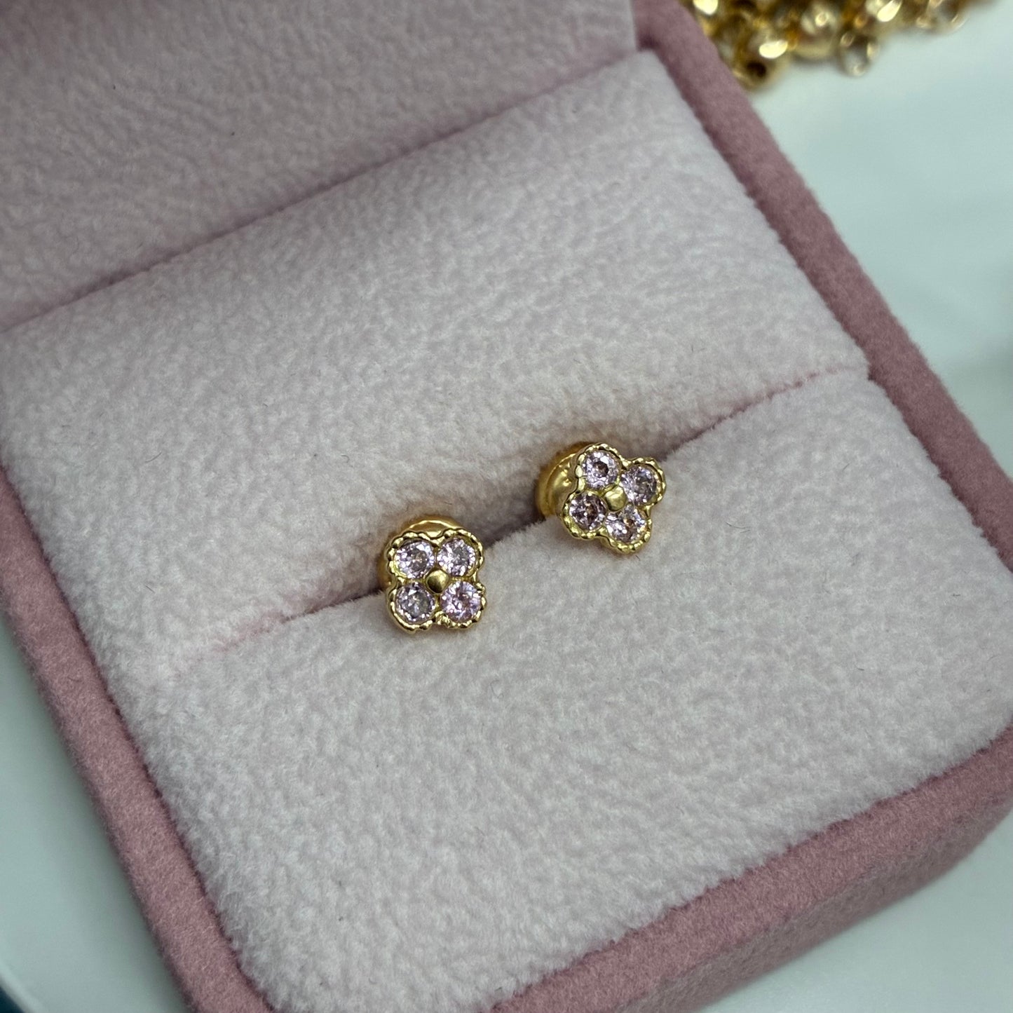 YELLOW GOLD 18K CLOVER EARRINGS WITH PINK STONES 7MM - 1.07GR