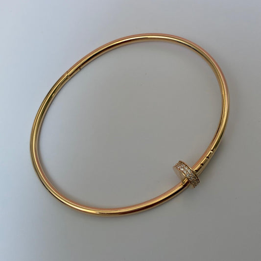 Hoop bracelet with smooth stud and white stones, 18K yellow gold, Italy, 19cm - 7.42g