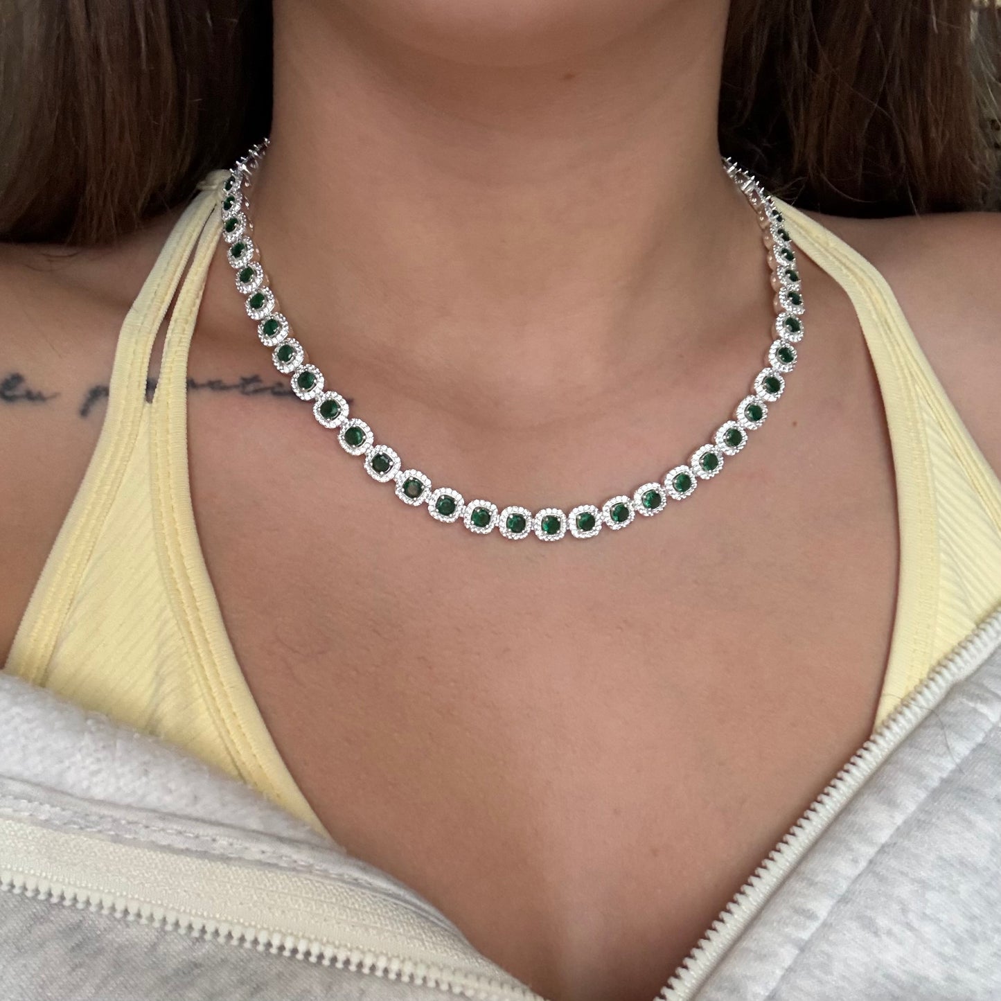 CADENA PRINCESS PIEDRAS BLANCAS Y VERDES 8MM PLATA 925 - 45CM