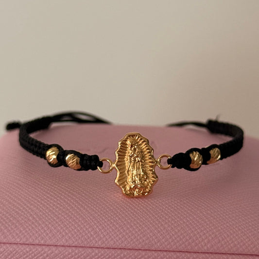 BLACK THREAD BRACELET VIRGIN OF GUADALUPE SILHOUETTE + 4 BALLS 4M 18K YELLOW GOLD 1.1GR