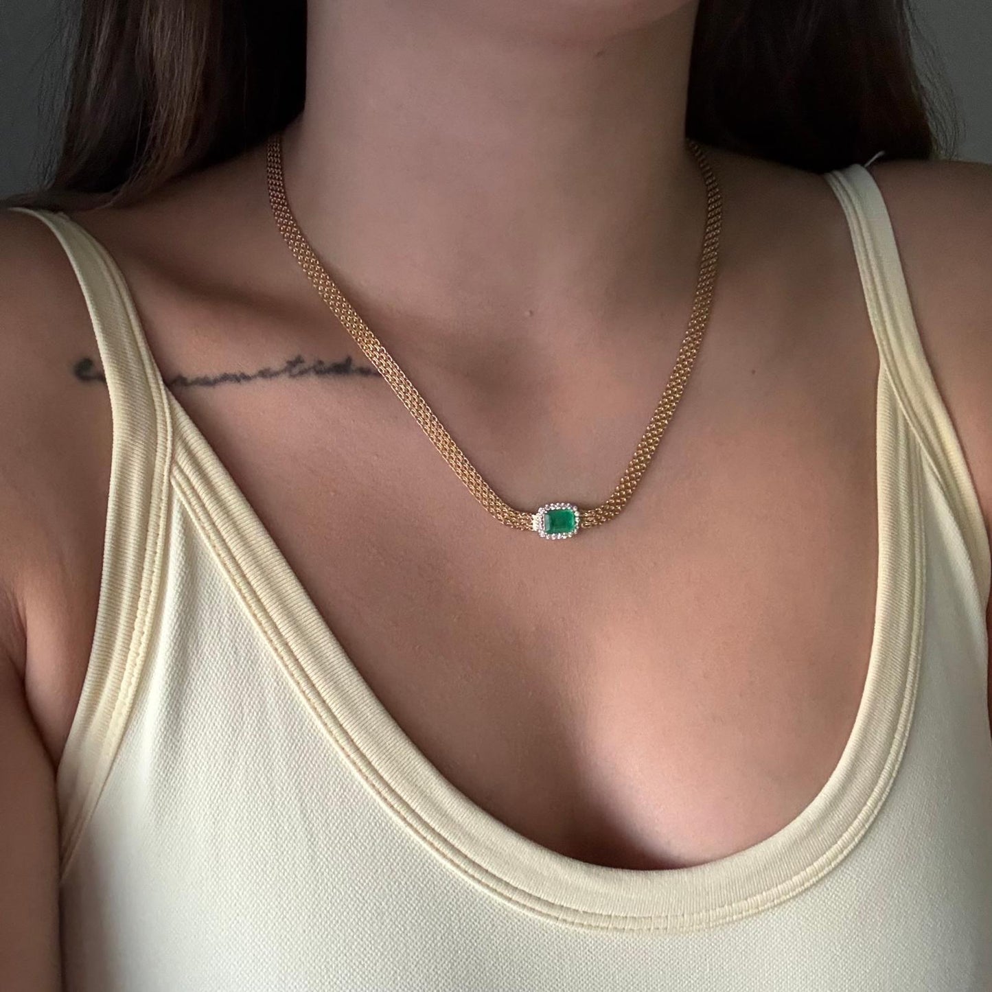 DOUBLE CHAIN ​​CHAIN ​​5MM + NATURAL EMERALD PENDANT 0.60QTS + WHITE ZIRCONIAS 18K YELLOW GOLD ITALY 45CM - 7.9