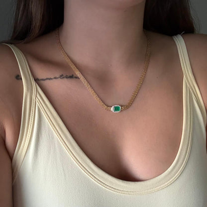 DOUBLE CHAIN ​​CHAIN ​​5MM + NATURAL EMERALD PENDANT 0.60QTS + WHITE ZIRCONIAS 18K YELLOW GOLD ITALY 45CM - 7.9