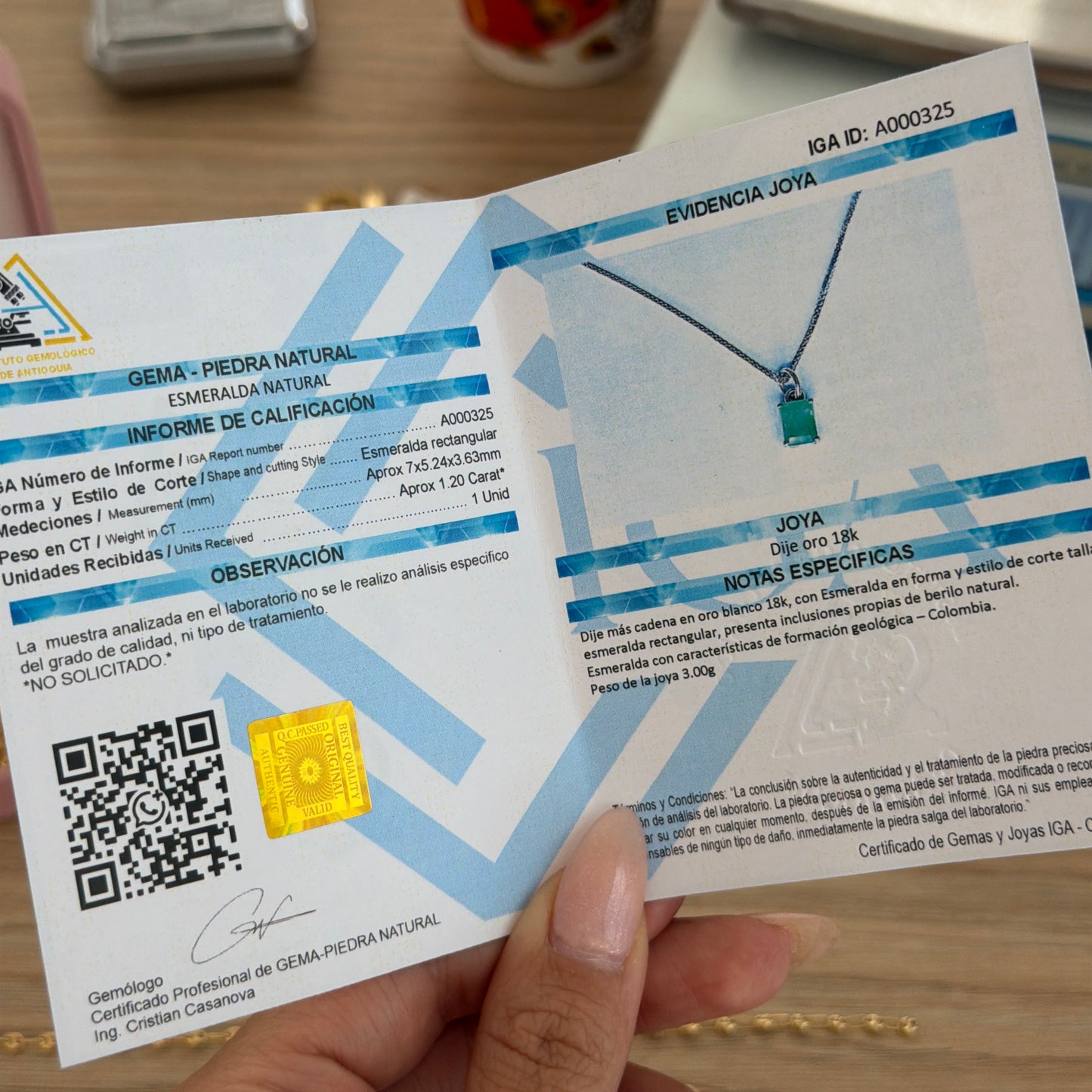 1.1MM MINI FRANCO CHAIN + 5.3MM X 6.9MM NATURAL EMERALD PENDANT WHITE GOLD ITALY 18K 50CM - 3.0GR