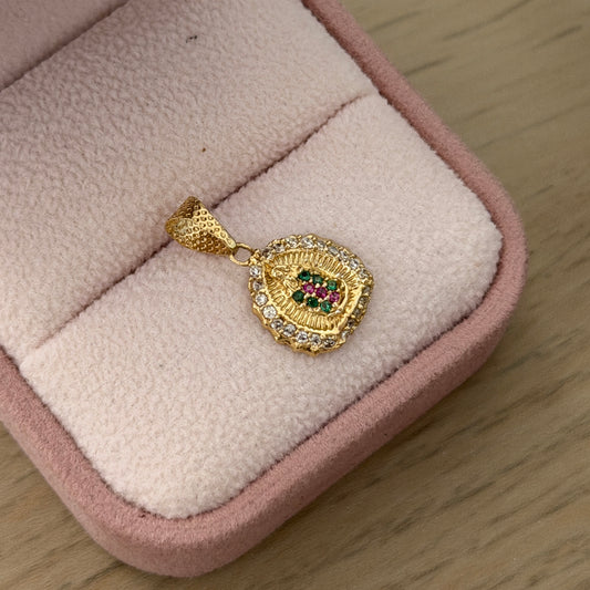 VIRGIN OF GUADALUPE SILHOUETTE PENDANT WITH WHITE AND GREEN STONES IN 18K YELLOW GOLD - 1.55GR