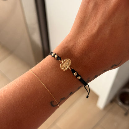 BLACK THREAD BRACELET VIRGIN OF GUADALUPE SILHOUETTE + 4 BALLS 4M 18K YELLOW GOLD 1.1GR