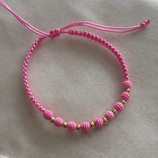 PINK THREAD BRACELET WITH 8 SMOOTH 3MM BEADS + PINK YELLOW GOLD NEOPRENE 18K COL - 0.4GR