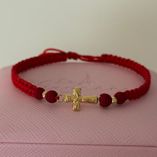 RED THREAD BRACELET CROSS WITH CHRIST + 2 3M YELLOW GOLD 18K BALLS 0.5GR