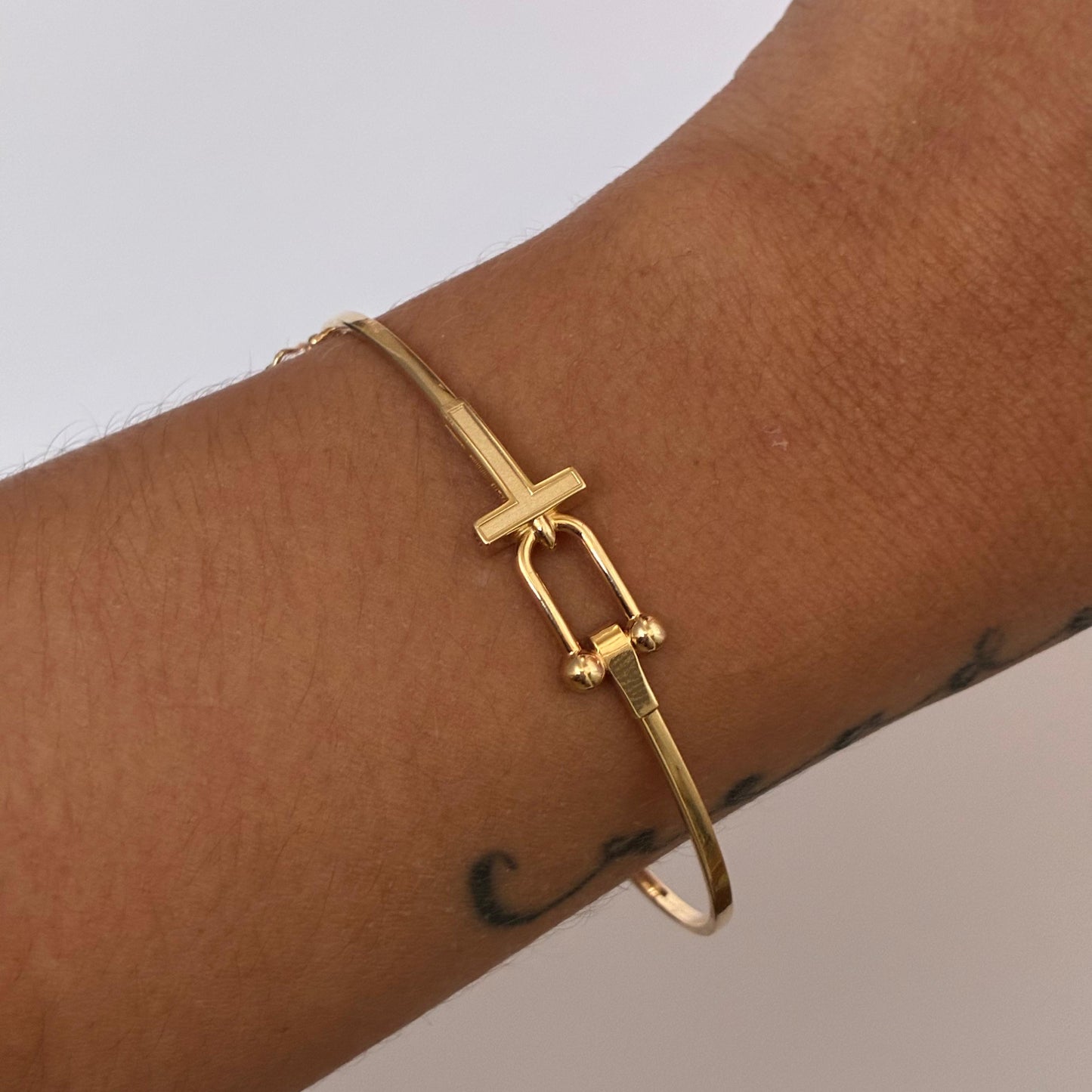 PAPER CLIP RING BRACELET + PLAIN T YELLOW GOLD ITALY ESP 18K 18CM - 3.6GR