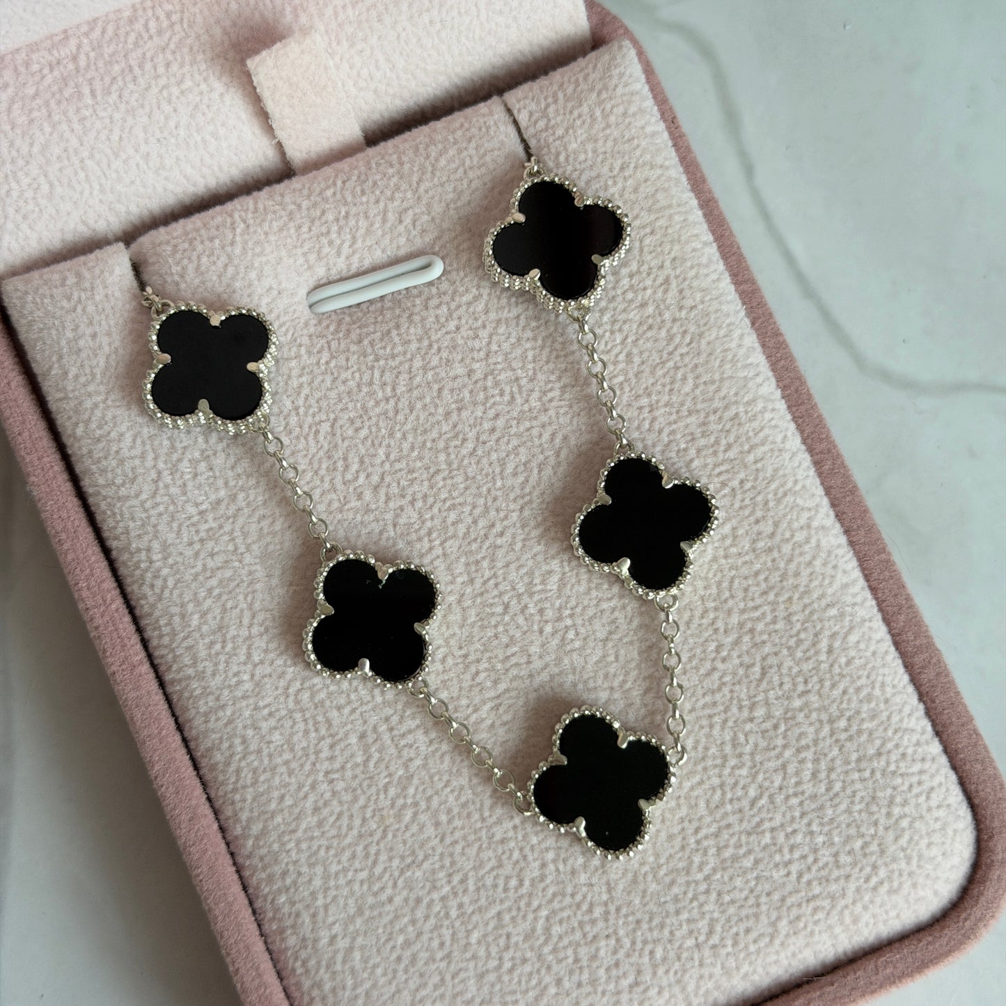 BRACELET 5 CLOVERS BLACK STONE 925 SILVER - 18CM