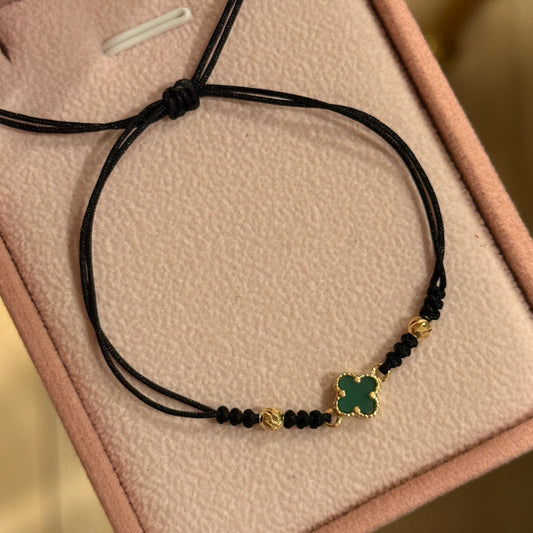 BLACK THREAD BRACELET GREEN CLOVER + 2 DIAMOND BALLS 4M 18K YELLOW GOLD - 0.65GR