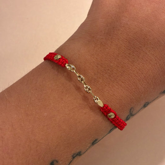 RED THREAD BRACELET WITH COFFEE BEAN 3MM + 2 DIAMOND-CUT BEADS 4M 18K YELLOW GOLD - 0.61GR