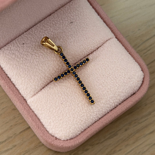 BLUE STONE CROSS PENDANT 18K YELLOW GOLD - 1.88GR