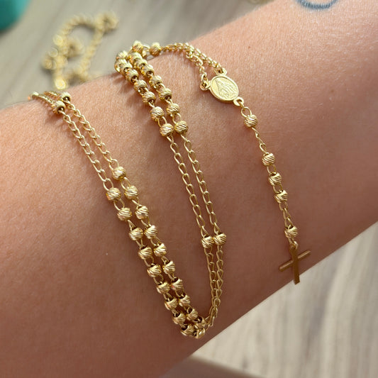 DIAMOND CUT BEAD ROSARY 3MM + CUBAN STYLE YELLOW GOLD NECKLACE 18K 50CM - 6.31GR