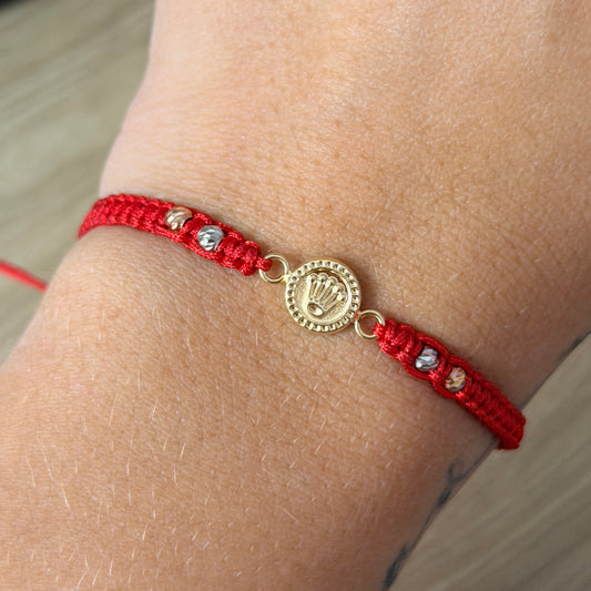 PULSERA HILO ROJO CORONA ESTILO RELOJ + 4 BOLAS DIAMANTADAS 3MM TRES OROS COL 18K - 0,64GR