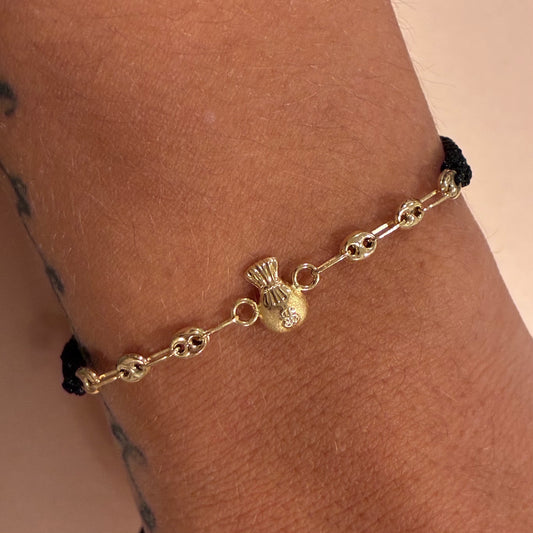 BLACK THREAD BRACELET WITH MONEY BAG CHARM + COFFEE BEAN 18K YELLOW GOLD - 0.75GR