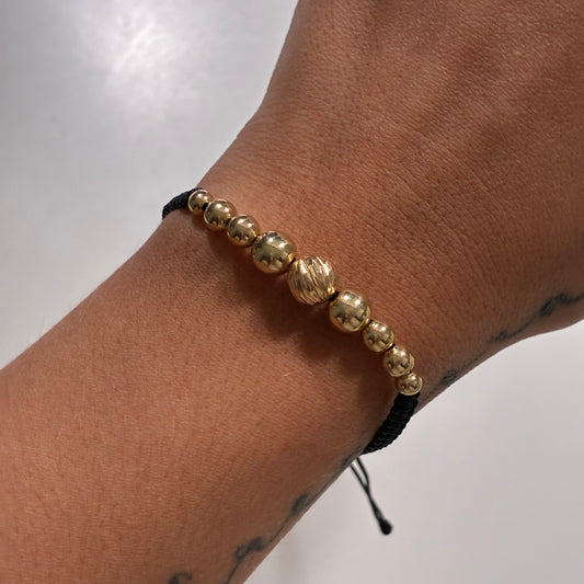 WOVEN BRACELET BLACK THREAD 9 BEADS (8M/6M/5M/4M) 18K YELLOW GOLD - 1.6GR