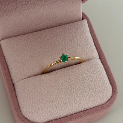 PLAIN SOLITAIRE RING 6 PRONGS + NATURAL EMERALD 3.5MM 18K YELLOW GOLD SIZE 8 - 1.11GR