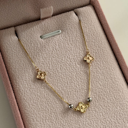 BRACELET MINI FRANCO 0.6MM + THREE CLOVERS AND SMOOTH BEADS THREE GOLDS ITALY 18K 17CM TO 19CM - 0.75GR