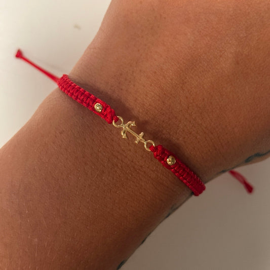 RED THREAD BRACELET WITH ANCHOR HARDWARE + 2 3M 18K YELLOW GOLD BALLS 0.35GR