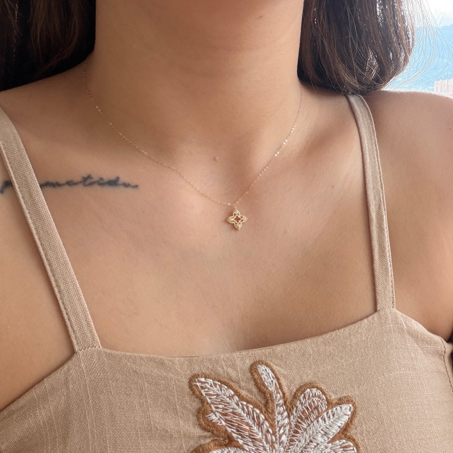 MINI ROLON CHAIN + FLOWER WITH CLOVER AND WHITE STONES PENDANT YELLOW GOLD ITALY ESP 18K 40CM - 0.72GR