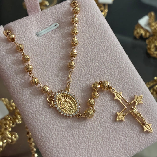 ROSARY BEADS DIAMOND CUT 4/5MM + VIRGIN WHITE STONES YELLOW GOLD 18K 60CM - 11.55GR
