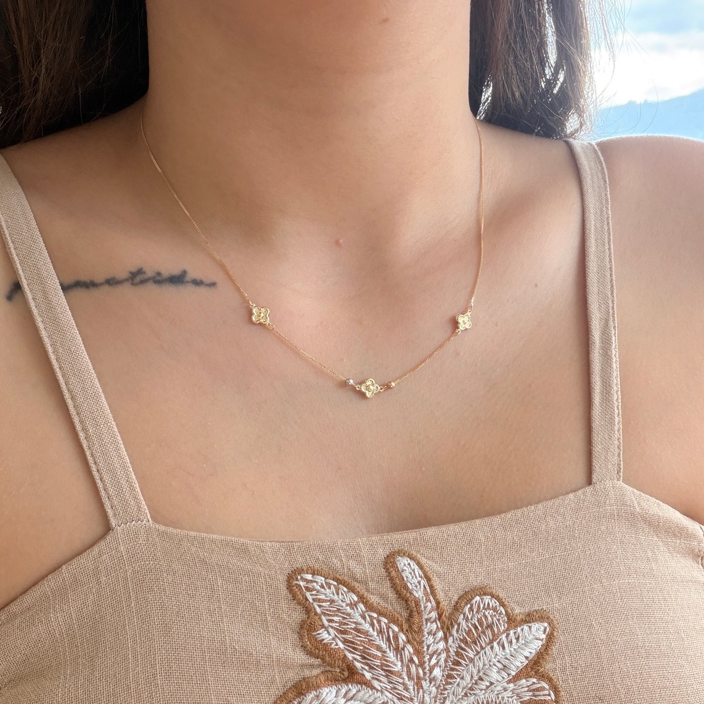 MINI FRANCO CHAIN + THREE PLAIN CLOVERS THREE GOLDS ITALY SP 18K 42CM TO 45CM - 1.14GR