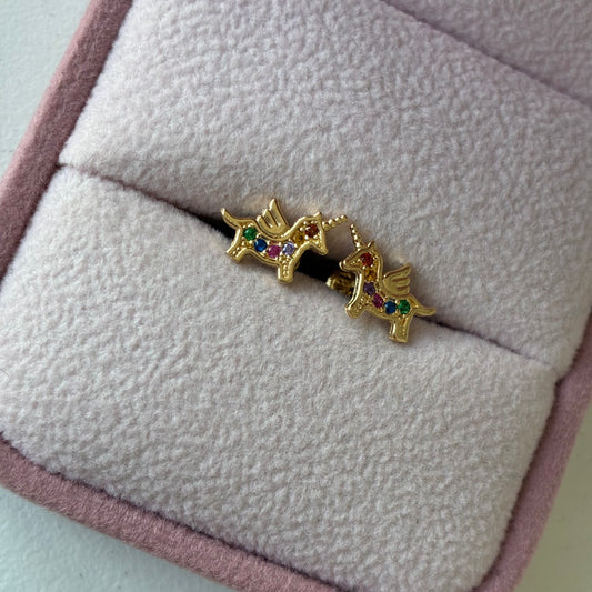 Unicorn Stud Earrings with Multicolored Stones in 18K Yellow Gold - 1.05g