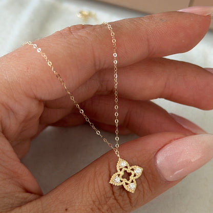 MINI ROLON CHAIN + FLOWER WITH CLOVER AND WHITE STONES PENDANT YELLOW GOLD ITALY ESP 18K 40CM - 0.72GR