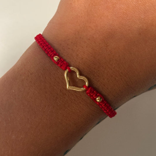 RED THREAD BRACELET WITH HEART SILHOUETTE HARDWARE + 2 3M 18K YELLOW GOLD BALLS 0.45GR
