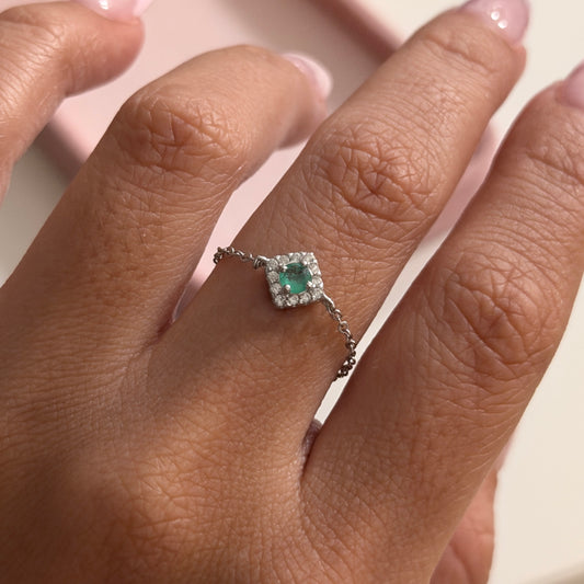 ADJUSTABLE STERLING SILVER 925 MINI ROLON RING WITH WHITE STONES + NATURAL EMERALD HARDWARE
