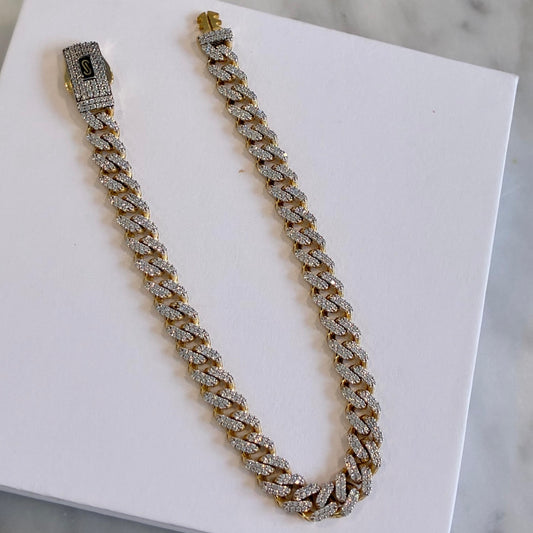 MONACO CUBAN BRACELET 5.5MM WHITE STONES ITALIAN YELLOW GOLD ESP 18K - 20CM 11.63GR