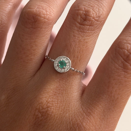 MINI ROLON RING CIRCLE HARDWARE WHITE STONES + NATURAL EMERALD ADJUSTABLE 925 SILVER