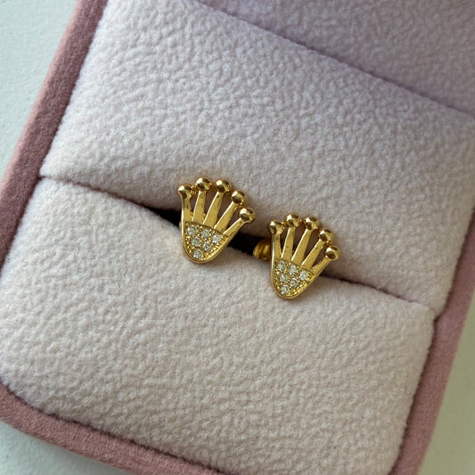 CROWN STUDS WATCH STYLE WHITE STONES 18K YELLOW GOLD - 1.54GR