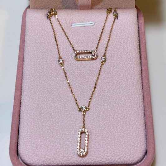 DOUBLE MINI ROLON CHAIN ​​+ PLATE CHARM WITH WHITE STONES YELLOW GOLD ITALY ESP 18K 45CM - 5.01GR
