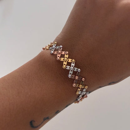 2 IN 1 RING AND BRACELET LADDER WEAVE THREE GOLD 18K ITALY ADJUSTABLE - 9.1GR