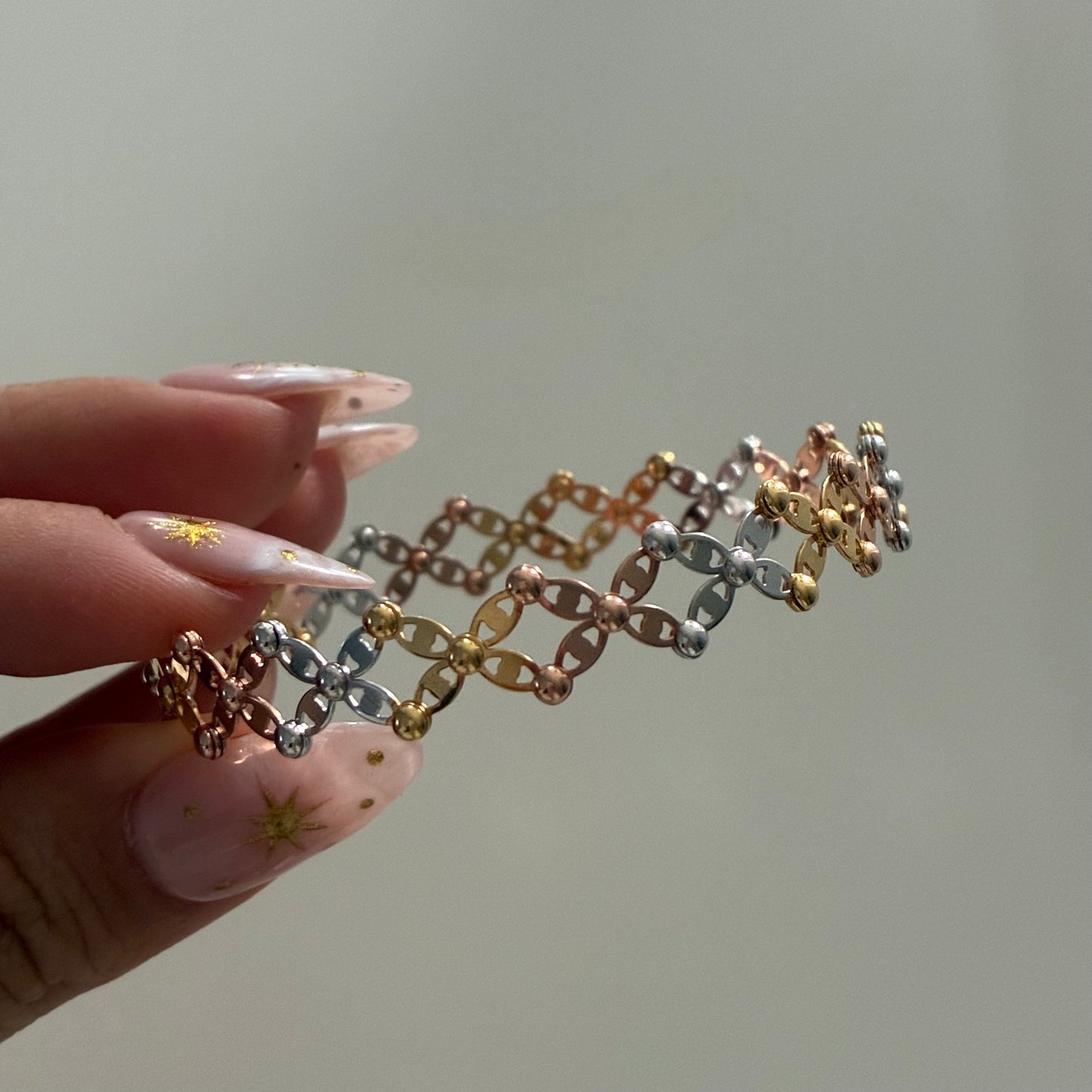 2 IN 1 RING AND BRACELET LADDER WEAVE THREE GOLD 18K ITALY ADJUSTABLE - 9.1GR