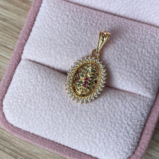 PENDANT VIRGIN OF GUADALUPE SILHOUETTE GREEN AND FUCHSIA STONES + WHITE STONE FRAME 2.3CM 18K YELLOW GOLD - 1.65GR