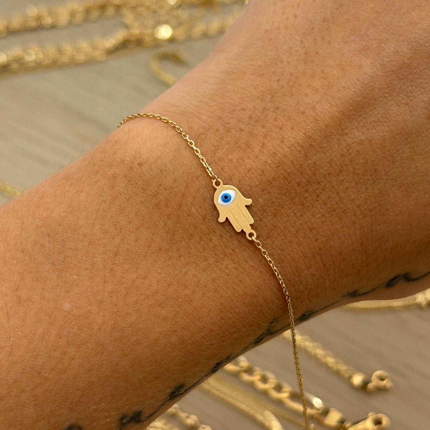 BRACELET ROLON HAND HAMSA PROTECTION YELLOW GOLD ITALY ESP 18K 17CM TO 19CM - 1.03GR