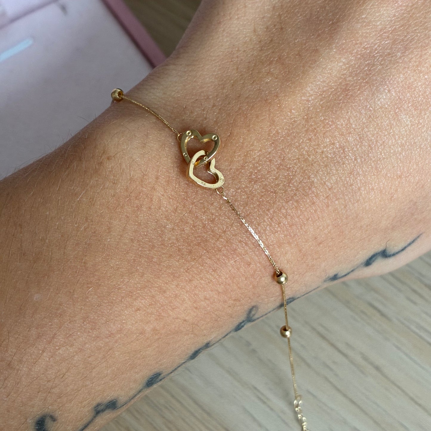 MINI FRANCO BRACELET + HUGGING HEARTS YELLOW GOLD ITALY 18K 17CM TO 19CM - 0.84GR