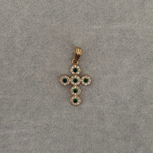 Dije Cruz con Piedras Blancas y Verdes Oro Amarillo Nac 18k 1,42gr 2.5cm