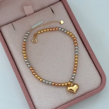 PULSERA MINI MILITAR+CORAZON BOLAS 3 MM LISAS TRES OROS ITALY ESP 18K 16CM A 19CM -  1,51GR