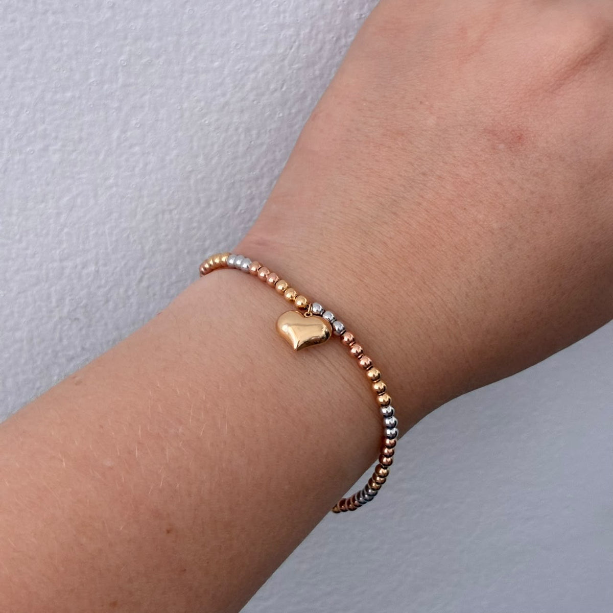 PULSERA MINI MILITAR+CORAZON BOLAS 3 MM LISAS TRES OROS ITALY ESP 18K 16CM A 19CM -  1,51GR