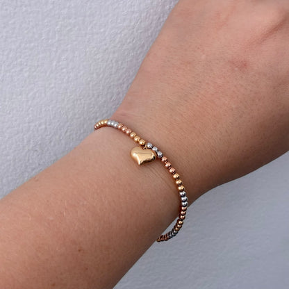 PULSERA MINI MILITAR+CORAZON BOLAS 3 MM LISAS TRES OROS ITALY ESP 18K 16CM A 19CM -  1,51GR