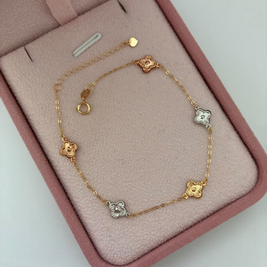 MINI ROLO CHAIN BRACELET + 5 THREE-TONE GOLD CLOVERS ITALY ESP 18K 17CM TO 20CM - 0.91GR