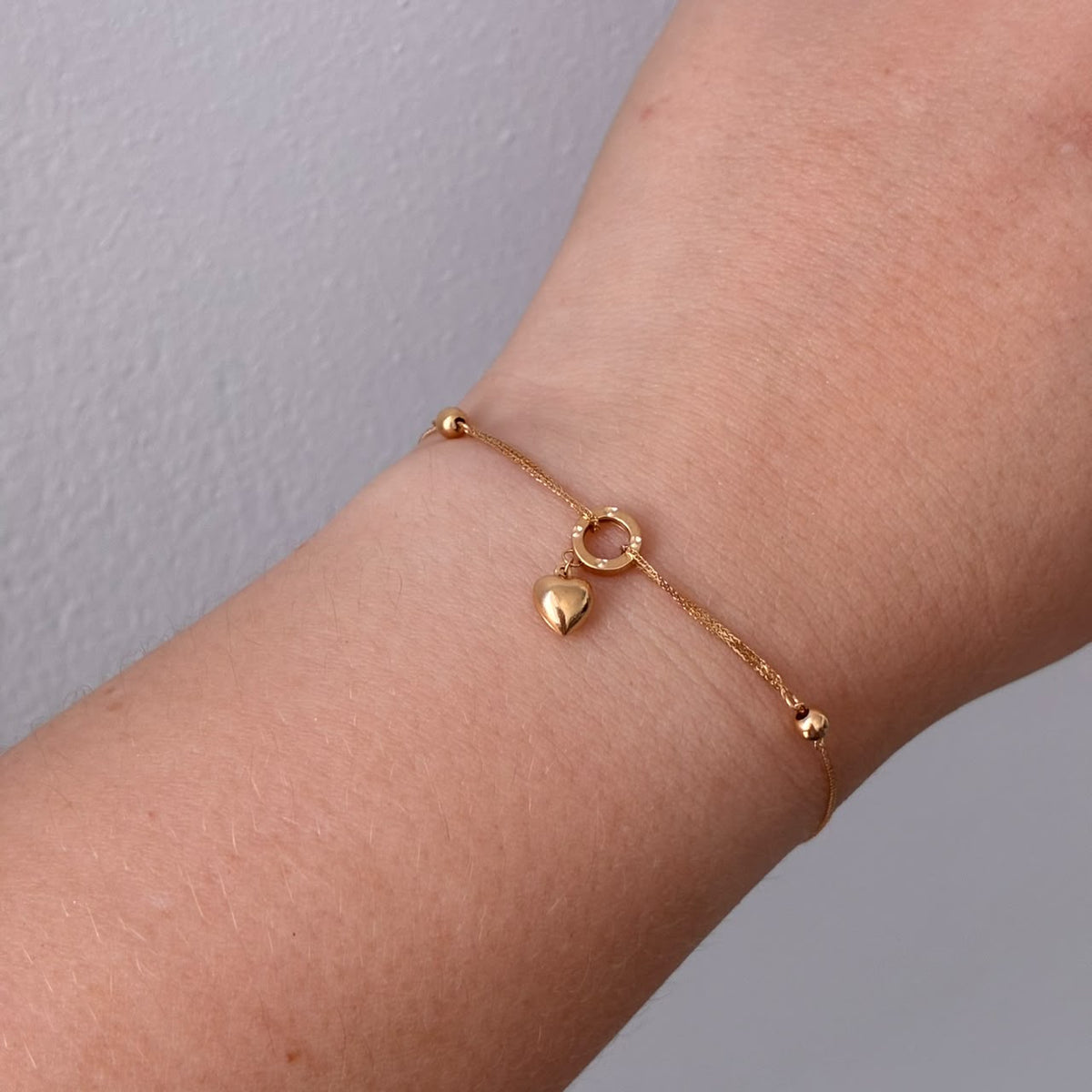 PULSERA MINI FRANCO +CIRCULO CORAZON Y BOLAS 3 MM LISAS ORO AMARILLO ITALY ESP 18K 17CM A 20CM - 0,8GR