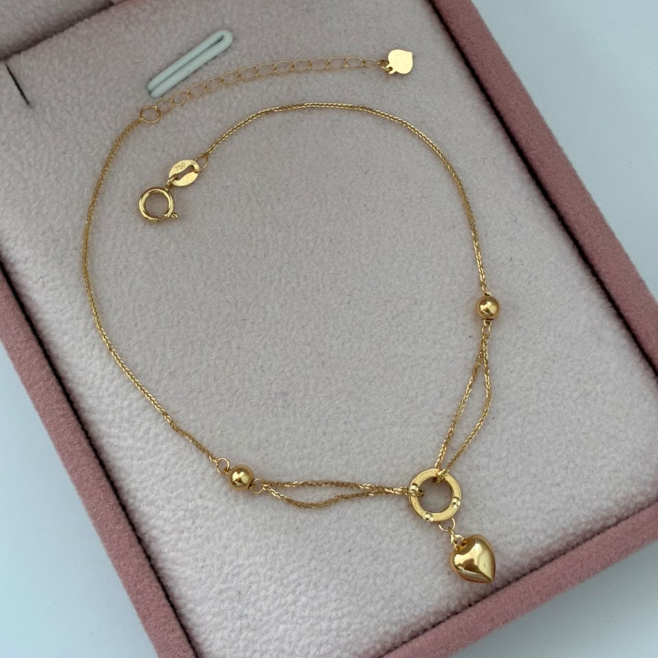 PULSERA MINI FRANCO +CIRCULO CORAZON Y BOLAS 3 MM LISAS ORO AMARILLO ITALY ESP 18K 17CM A 20CM - 0,8GR