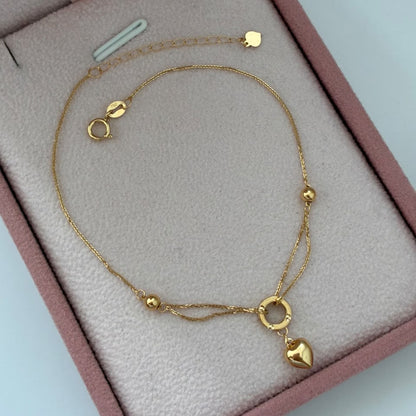 PULSERA MINI FRANCO +CIRCULO CORAZON Y BOLAS 3 MM LISAS ORO AMARILLO ITALY ESP 18K 17CM A 20CM - 0,8GR
